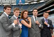 29 May 2012; Finian Hanley, Galway, left, with, from left to right, Eoin Cadogan, Cork, Bryan Sheehan, Kerry, Eamonn O'Callaghan, Kildare, and model Holly Carpenter in attendance at the launch by TJH Jewellery of their exclusive ‘Love Your County’ GAA jewellery collection. Croke Park, Dublin. Picture credit: Ray McManus / SPORTSFILE