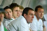 29 May 2012; Republic of Ireland captain Robbie Keane, left, watches the game alongside team-mates Richard Dunne, Kevin Doyle and Aiden McGeady from the dugout. International Friendly, Tuscan Selection v Republic of Ireland, Stadio Melani, Pistoia, Italy. Picture credit: David Maher / SPORTSFILE