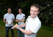 30 May 2012; The Conan Byrne Zambian Missions Golf Classic in association with the PFAI and sponsored by Tissot will take place on Monday 11th June 2012 at Roganstown Golf Club with a shot-gun tee-off at 11.30am. At the announcement are Conan Byrne, Shelbourne FC, right, with Gary Rogers, Sligo Rovers, left, and, Shaun Williams, MK Dons. Roganstown Hotel & Country Club, Swords, Co Dublin. Picture credit: Brian Lawless / SPORTSFILE