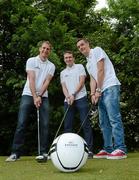 30 May 2012; The Conan Byrne Zambian Missions Golf Classic in association with the PFAI and sponsored by Tissot will take place on Monday 11th June 2012 at Roganstown Golf Club with a shot-gun tee-off at 11.30am. At the announcement are Conan Byrne, Shelbourne FC, centre, with Gary Rogers, Sligo Rovers, left, and, Shaun Williams, MK Dons. Roganstown Hotel & Country Club, Swords, Co Dublin. Picture credit: Brian Lawless / SPORTSFILE