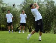 30 May 2012; Republic of Ireland's Darren O'Dea tees off from the 1st hole watched on by Shane Long and Aiden McGeady during a round of golf with members of the Republic of Ireland squad. Republic of Ireland EURO2012 Training Camp, Montecatini Golf Club, Montecatini, Italy. Picture credit: David Maher / SPORTSFILE