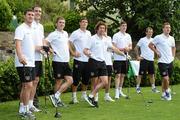 30 May 2012; Republic of Ireland's players, left to right, Shane Long, John O'Shea, Kevin Doyle, Darren O'Dea, Stephen Hunt, Stephen Ward, Glenn Whelan and Simon Cox on the 1st tee box during a round of golf with members of the Republic of Ireland squad. Republic of Ireland EURO2012 Training Camp, Montecatini Golf Club, Montecatini, Italy. Picture credit: David Maher / SPORTSFILE