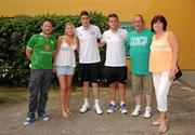 30 May 2012; Ford prizewinners Kevin Redmond, left, from Baltinglass, Co. Wicklow, with his sister Linda, father Christy and mother Sarah alongside the Republic of Ireland's Stephen Ward and Simon Cox. Ford Prizewinners Meet the Irish Team, Montecatini, Italy. Picture credit: David Maher / SPORTSFILE