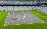 30 May 2012; Etihad Airways, sponsors of the GAA Hurling All -reland Senior Championship and the Etihad Skyline, hosted a special Poc Fada competition at Croke Park. The Abu Dhabi-based airline invited 14 hurlers, from the 14 championship counties, to take part in the Poc Fada. Each player was tasked with aiming the sliotar at destinations on a giant map of the Etihad network that was rolled out across the Croke Park pitch. Local charities, nominated beforehand by each player, then received a pair of return tickets to the destination that the sliotar landed on. Pictured are players, from left to right, Johnny McCaffrey, Dublin, Brian Hogan, Kilkenny, Keith Rossiter, Wexford, Patrick Mullaney, Laois, Cyril Donnellon, Galway, Shane McNaughton, Antrim, Des Shaw, Carlow, William Egan, Cork, John O'Brien, Tipperary, Donal O'Grady, Limerick, John Conlon, Clare, Pauric Mahony, Waterford, Shane Dooley, Offaly and Westmeath’s John Shaw, in attendance at the event. Croke Park, Dublin. Picture credit: Ray McManus / SPORTSFILE