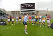 30 May 2012; Etihad Airways, sponsors of the GAA Hurling All-Ireland Senior Championship and the Etihad Skyline, hosted a special Poc Fada competition at Croke Park. The Abu Dhabi-based airline invited 14 hurlers, from the 14 championship counties, to take part in the Poc Fada. Each player was tasked with aiming the sliotar at destinations on a giant map of the Etihad network that was rolled out across the Croke Park pitch. Local charities, nominated beforehand by each player, then received a pair of return tickets to the destination that the sliotar landed on. Johnny McCaffrey, Dublin, and players including Brian Hogan, Kilkenny, Keith Rossiter, Wexford, Patrick Mullaney, Laois, Cyril Donnellon, Galway, Shane McNaughton, Antrim, Des Shaw, Carlow, William Egan, Cork, John O'Brien, Tipperary, Donal O'Grady, Limerick, John Conlon, Clare, Pauric Mahony, Waterford, Shane Dooley, Offaly and Westmeath’s John Shaw, in attendance at the event. Croke Park, Dublin. Picture credit: Ray McManus / SPORTSFILE