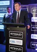 30 May 2012; Etihad Airways, sponsors of the GAA Hurling All-Ireland Senior Championship and the Etihad Skyline, hosted a special Poc Fada competition at Croke Park. The Abu Dhabi-based airline invited 14 hurlers, from the 14 championship counties, to take part in the Poc Fada. Each player was tasked with aiming the sliotar at destinations on a giant map of the Etihad network that was rolled out across the Croke Park pitch. Local charities, nominated beforehand by each player, then received a pair of return tickets to the destination that the sliotar landed on. Stadium and Commercial Director Peter McKenna speaking at the event. Croke Park, Dublin. Picture credit: Ray McManus / SPORTSFILE