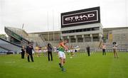 30 May 2012; Etihad Airways, sponsors of the GAA Hurling All-Ireland Senior Championship and the Etihad Skyline, hosted a special Poc Fada competition at Croke Park. The Abu Dhabi-based airline invited 14 hurlers, from the 14 championship counties, to take part in the Poc Fada. Each player was tasked with aiming the sliotar at destinations on a giant map of the Etihad network that was rolled out across the Croke Park pitch. Local charities, nominated beforehand by each player, then received a pair of return tickets to the destination that the sliotar landed on. Pictured is Des Shaw, Carlow, who won tickets to Australia for Eist, a Carlow Cancer Support Group Hospital Unit at the Poc Fada event. Croke Park, Dublin. Picture credit: Ray McManus / SPORTSFILE
