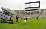 30 May 2012; Etihad Airways, sponsors of the GAA Hurling All-Ireland Senior Championship and the Etihad Skyline, hosted a special Poc Fada competition at Croke Park. The Abu Dhabi-based airline invited 14 hurlers, from the 14 championship counties, to take part in the Poc Fada. Each player was tasked with aiming the sliotar at destinations on a giant map of the Etihad network that was rolled out across the Croke Park pitch. Local charities, nominated beforehand by each player, then received a pair of return tickets to the destination that the sliotar landed on. Pictured is Patrick Mullaney, Laois, who won tickets to Australia for Special Olympics, Laois, at the Poc Fada event. Croke Park, Dublin. Picture credit: Ray McManus / SPORTSFILE *
