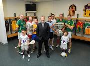 31 May 2012; TV3 presenter Matt Cooper and the TV3 mascot Harriet Cantwell, front left, and Peter Catterson, front right, with the 2012 GAA Championship Panellists, from left, Liam Hayes, Mike Finnerty, Jamesie O'Connor, Senan Connell, Paul Earley, David Brady and Darragh O'Se, in attendance at the TV3 GAA launch 2012. Croke Park, Dublin. Picture credit: Matt Browne / SPORTSFILE