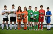 29 August 2017; Pictured at the launch of the Bank of Ireland Post Primary Competition are, from left, Rochestown College Co. Cork players Colin O'Mahoney and Rory Doyle, St. Laurence College Co. Dublin players Katie Doyle and Clara Mulligan, Mulroy College, Co. Donegal players Caoimhe Walsh and Siobhan Sweeney, and Saint Joseph's Patrician College - The Bish Co. Galway players James Egan and Gary Higgins, at FAI Headquarters Abbotstown, Co Dublin. Photo by Cody Glenn/Sportsfile