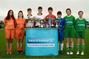 29 August 2017; Pictured at the launch of the Bank of Ireland Post Primary Competition are, from left, St. Laurence College Co. Dublin players Katie Doyle and Clara Mulligan, Rochestown College Co. Cork players Colin O'Mahoney and Rory Doyle, Saint Joseph's Patrician College - The Bish Co. Galway players James Egan and Gary Higgins, and Mulroy College, Co. Donegal players Caoimhe Walsh and Siobhan Sweeney, at FAI Headquarters Abbotstown, Co Dublin. Photo by Cody Glenn/Sportsfile