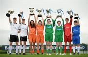 29 August 2017; Pictured at the launch of the Bank of Ireland Post Primary Competition are, from left, Rochestown College Co. Cork players Rory Doyle and Colin O'Mahoney, St. Laurence College Co. Dublin players Katie Doyle and Clara Mulligan, Mulroy College, Co. Donegal players Caoimhe Walsh and Siobhan Sweeney, and Saint Joseph's Patrician College - The Bish Co. Galway players James Egan and Gary Higgins, at FAI Headquarters Abbotstown, Co Dublin. Photo by Cody Glenn/Sportsfile