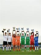 29 August 2017; Pictured at the launch of the Bank of Ireland Post Primary Competition are, from left, Rochestown College Co. Cork players Rory Doyle and Colin O'Mahoney, St. Laurence College Co. Dublin players Katie Doyle and Clara Mulligan, Mulroy College, Co. Donegal players Caoimhe Walsh and Siobhan Sweeney, and Saint Joseph's Patrician College - The Bish Co. Galway players James Egan and Gary Higgins, at FAI Headquarters Abbotstown, Co Dublin. Photo by Cody Glenn/Sportsfile