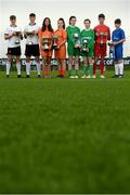 29 August 2017; Pictured at the launch of the Bank of Ireland Post Primary Competition are, from left, Rochestown College Co. Cork players Colin O'Mahoney and Rory Doyle, St. Laurence College Co. Dublin players Katie Doyle and Clara Mulligan, Mulroy College, Co. Donegal players Caoimhe Walsh and Siobhan Sweeney, and Saint Joseph's Patrician College - The Bish Co. Galway players James Egan and Gary Higgins, at FAI Headquarters Abbotstown, Co Dublin. Photo by Cody Glenn/Sportsfile