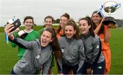 29 August 2017; Pictured at the launch of the Bank of Ireland Post Primary Competition are Republic of Ireland Women's Internationals, from left, Amanda McQuillan, Leanne Kiernan, and Roma McLaughlin, pictured with, back row, from left, Mulroy College, Co. Donegal players Caoimhe Walsh and Siobhan Sweeney, and St. Laurence College Co. Dublin players Clara Mulligan and Katie Doyle, at FAI Headquarters Abbotstown, Co Dublin. Photo by Cody Glenn/Sportsfile