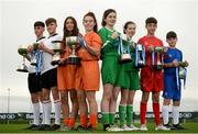 29 August 2017; Pictured at the launch of the Bank of Ireland Post Primary Competition are, from left, Rochestown College Co. Cork players Rory Doyle and Colin O'Mahoney, St. Laurence College Co. Dublin players Katie Doyle and Clara Mulligan, Mulroy College, Co. Donegal players Caoimhe Walsh and Siobhan Sweeney, and Saint Joseph's Patrician College - The Bish Co. Galway players James Egan and Gary Higgins, at FAI Headquarters Abbotstown, Co Dublin. Photo by Cody Glenn/Sportsfile