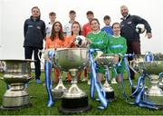 29 August 2017; Pictured at the launch of the Bank of Ireland Post Primary Competition are, back row from left, Republic of Ireland Women's International Leanne Kiernan, St. Laurence College Co. Dublin players Katie Doyle and Clara Mulligan, Mulroy College, Co. Donegal players Caoimhe Walsh and Siobhan Sweeney, and former Republic of Ireland International Stephen Hunt. Front row, from left, are Rochestown College Co. Cork players Rory Doyle and Colin O'Mahoney, and Saint Joseph's Patrician College - The Bish Co. Galway players James Egan and Gary Higgins, at FAI Headquarters Abbotstown, Co Dublin. Photo by Cody Glenn/Sportsfile