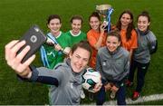 29 August 2017; Pictured at the launch of the Bank of Ireland Post Primary Competition are Republic of Ireland Women's Internationals, from left, Amanda McQuillan, Leanne Kiernan, and Roma McLaughlin, pictured with, back row, from left, Mulroy College, Co. Donegal players Caoimhe Walsh and Siobhan Sweeney, and St. Laurence College Co. Dublin players Clara Mulligan and Katie Doyle, at FAI Headquarters Abbotstown, Co Dublin. Photo by Cody Glenn/Sportsfile