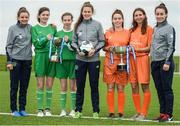 29 August 2017; Pictured at the launch of the Bank of Ireland Post Primary Competition are, from left, Republic of Ireland Women's International Leanne Kiernan, Mulroy College Co. Donegal players Caoimhe Walsh and Siobhan Sweeney, Republic of Ireland Women's International Amanda McQuillan, St. Laurence College Co. Dublin players Clara Mulligan and Katie Doyle, and Republic of Ireland Women's International Roma McLaughlin, at FAI Headquarters Abbotstown, Co Dublin. Photo by Cody Glenn/Sportsfile