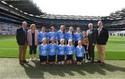 27 August 2017; President of Cumann na mBunscoil Liam McGee, President of the Ladies Gaelic Football Association Maire Hickey, Uachtarán Chumann Lúthchleas Gael Aogán Ó Fearghaíl, President of the INTO John Boyle, with the Dublin team, back row, left to right, Molly Keating of Yellow Furze NS, Co Meath, Aoife Lucey of Clondrohid NS, Co Cork, Geri-Mae-Murphy Mara of St. Patrick's NS, Co Carlow, Alison Corrigan of Ballyforan NS, Co Roscommon, Wiktoria Gorczyca of Queen of the Universe, Co Carlow, Referee Hannah Morris of Dernakesh NS, Co Cavan, front row, left to right, Meabh Fee of St. Oliver Plunkett NS Co Louth, Tara Brady of Rush NS, Co Dublin, Orlaith Craven of Ardnagrath NS, Co Westmeath, Scarlett O'Connor of St. Colamban's PS, Co Fermanagh, Maggie Donaghy of Loreto PS, Co Dublin, ahead of the GAA Football All-Ireland Senior Championship Semi-Final match between Dublin and Tyrone at Croke Park in Dublin. Photo by Daire Brennan/Sportsfile