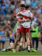 27 August 2017; Simon McErlain, left, and Seán McKeever of Derry celebrate after the Electric Ireland GAA Football All-Ireland Minor Championship Semi-Final match between Dublin and Derry at Croke Park in Dublin. Photo by Piaras Ó Mídheach/Sportsfile