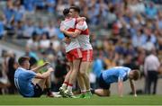 27 August 2017; Seán McKeever, left, and Pádraig McGrogan of Derry celebrate after the Electric Ireland GAA Football All-Ireland Minor Championship Semi-Final match between Dublin and Derry at Croke Park in Dublin. Photo by Piaras Ó Mídheach/Sportsfile