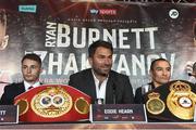 30 August 2017; Promoter Eddie Hearn, centre, Ryan Burnett, left, and Zhanat Zhakiyanov during a press conference ahead of the World Bantamweight Unification title fight at the Europa Hotel in Belfast. Photo by Oliver McVeigh/Sportsfile