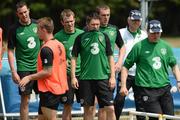 31 May 2012; Republic of Ireland captain Robbie Keane, centre, with, from left to right, John O'Shea, Simon Cox, Glenn Whelan, Richard Dunne and manager Giovanni Trapattonin during EURO2012 squad training ahead of their Friendly International against Hungary on Monday. Republic of Ireland EURO2012 Squad Training, Borgo A Buggiano, Montecatini, Italy. Picture credit: David Maher / SPORTSFILE