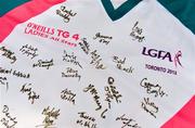 26 May 2012; A detail view of the autographs of the All-Star players on a jersey. 2012 TG4/O'Neills Ladies All-Star Tour Exhibition Game, 2010 All Stars v 2011 All Stars, Centennial Park, Toronto, Canada. Picture credit: Brendan Moran / SPORTSFILE
