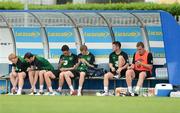 1 June 2012; Republic of Ireland players, from left, Paul McShane, John O'Shea, Keith Andrews, James McClean, Robbie Keane and Richard Dunne sit in the dug out at the end of EURO2012 squad training ahead of their Friendly International against Hungary on Monday. Republic of Ireland EURO2012 Squad Training, Borgo A Buggiano, Montecatini, Italy. Picture credit: David Maher / SPORTSFILE