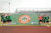 1 June 2012; Republic of Ireland players left to right, John O'Shea, Stephen Hunt, Keiren Westwood, Sean St.Ledger, Stephen Ward, Jonathan Walters, Richard Dunne, Kevin Doyle, Robbie Keane and Shane Long stand in front of a large supporters flag at the end of  EURO2012 squad training ahead of their Friendly International against Hungary on Monday. Republic of Ireland EURO2012 Squad Training, Borgo A Buggiano, Montecatini, Italy. Picture credit: David Maher / SPORTSFILE