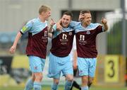 1 June 2012; Sean Brennan, Drogheda United, celebrates after scoring his side's first goal with team-mates Declan O'Brien, right, and Derek Prendergast, left. Airtricity League Premier Division, Dundalk v Drogheda United, Oriel Park, Dundalk, Co. Louth. Photo by Sportsfile