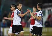 1 September 2017; David McMillan of Dundalk, left, is congratulated by team-mate Michael Duffy after scoring his side's first goal during the SSE Airtricity League Premier Division match between Dundalk and St Patrick's Athletic at Oriel Park in Dundalk. Photo by Seb Daly/Sportsfile