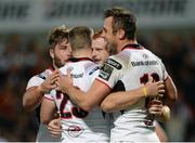 1 September 2017; Peter Nelson, centre, of Ulster celebrates with Darren Cave and Tommy Bowe, right, after scoring a try during the Guinness PRO14 Round 1 match between Ulster and Cheetahs at Kingspan Stadium in Belfast. Photo by Oliver McVeigh/Sportsfile