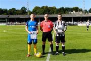 2 September 2017; Bray captain Conor Kenna and Elgin captain John Paul McGovern with referee Arnold Hunter before kick off before the Irn Bru Scottish Challenge Cup match between Elgin City and Bray Wanderers at Borough Briggs in Elgin, Scotland. Photo by Craig Williamson/Sportsfile