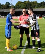 2 September 2017; Bray captain Conor Kenna and Elgin captain John Paul McGovern line up with referee Arnold Hunter before kick off during the Irn Bru Scottish Challenge Cup match between Elgin City and Bray Wanderers at Borough Briggs in Elgin, Scotland. Photo by Craig Williamson/Sportsfile
