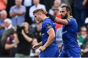 2 September 2017; Jordan Larmour of Leinster is congratulated by Isa Nacewa, right, after scoring his side's third try during the Guinness PRO14 Round 1 match between Dragons and Leinster at Rodney Parade in Newport, Wales. Photo by Ramsey Cardy/Sportsfile