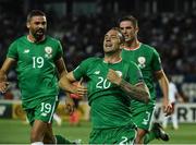 2 September 2017; Shane Duffy of Republic of Ireland celebrates after scoring his side's first goal during the FIFA World Cup Qualifier Group D match between Georgia and Republic of Ireland at Boris Paichadze Dinamo Arena in Tbilisi, Georgia. Photo by David Maher/Sportsfile