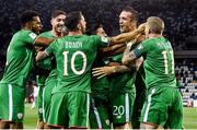 2 September 2017; Shane Duffy, second from left, of Republic of Ireland celebrates with teammates after scoring his side's first goal with teammates during the FIFA World Cup Qualifier Group D match between Georgia and Republic of Ireland at Boris Paichadze Dinamo Arena in Tbilisi, Georgia. Photo by David Maher/Sportsfile