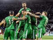 2 September 2017; Shane Duffy, centre, of Republic of Ireland celebrates with teammates after scoring his side's first goal with teammates during the FIFA World Cup Qualifier Group D match between Georgia and Republic of Ireland at Boris Paichadze Dinamo Arena in Tbilisi, Georgia. Photo by David Maher/Sportsfile