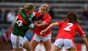 2 September 2017; Cora Staunton of Mayo on her way to scoring her sides first goal despite the efforts of Bríd Stack, centre, and Emma Spillane, both of Cork during the TG4 Ladies Football All-Ireland Senior Championship Semi-Final match between Cork and Mayo at Kingspan Breffni in Cavan. Photo by Sam Barnes/Sportsfile