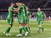 2 September 2017; Shane Duffy, second from left, of Republic of Ireland celebrates after scoring his side's first goal with teammate Jonathan Walters during the FIFA World Cup Qualifier Group D match between Georgia and Republic of Ireland at Boris Paichadze Dinamo Arena in Tbilisi, Georgia. Photo by David Maher/Sportsfile