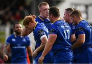 2 September 2017; Leinster's Cathal Marsh, left, is congratulated by teammates after scoring his side's fifth try during the Guinness PRO14 Round 1 match between Dragons and Leinster at Rodney Parade in Newport, Wales. Photo by Ramsey Cardy/Sportsfile