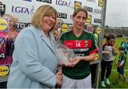 2 September 2017; Cora Staunton of Mayo is presented with the player of the match award by Marie Hickey, President of the LGFA following the TG4 Ladies Football All-Ireland Senior Championship Semi-Final match between Cork and Mayo at Kingspan Breffni in Cavan. Photo by Sam Barnes/Sportsfile