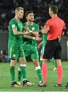 2 September 2017; Republic of Ireland players James McClean and Shane Long remonstrate with referee Ivan Kružliak after he gave James McClean a yellow card, during the FIFA World Cup Qualifier Group D match between Georgia and Republic of Ireland at Boris Paichadze Dinamo Arena in Tbilisi, Georgia. Photo by David Maher/Sportsfile