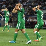 2 September 2017; Shane Long, right of Republic of Ireland reacts after his header goes wide during the FIFA World Cup Qualifier Group D match between Georgia and Republic of Ireland at Boris Paichadze Dinamo Arena in Tbilisi, Georgia. Photo by David Maher/Sportsfile