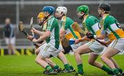 2 June 2012; The Offaly defence of, from left to right, James Rigney, goalkeeper James Dempsey, captain David Kenny, Derek Morkan and Rory Hanniffy, face a Jack Guiney 21m free, which beat them, late in the game. Leinster GAA Hurling Senior Championship Quarter-Final, Offaly v Wexford, O'Connor Park, Tullamore, Co. Offaly. Picture credit: Ray McManus / SPORTSFILE