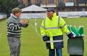 3 June 2012; Volunteer Barry McDonagh, originally from Mayo, left, and groundsman Mick Kennedy, originally from Galway, in conversation before the game. Connacht GAA Football Senior Championship Quarter-Final, London v Leitrim, Emerald Park, Ruislip, London. Picture credit: Diarmuid Greene / SPORTSFILE