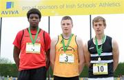 2 June 2012; Gold medal winner Eoin Sheridan, St Finian's College, Mullingar, Co. Westmeath, centre, with second place Anu Anonusi, left, from Kilkenny College, Co. Kilkenny, and third place Ethan Bannon, right, from, Belvedere College, Co. Dublin, after the Junior Boys Shot Putt at the Aviva All Ireland Schools’ Track and Field Championships 2012. Tullamore Harriers AC, Tullamore, Co. Offaly. Picture credit: Matt Browne / SPORTSFILE
