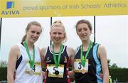 2 June 2012; Gold medal winner Roisin Harrison, centre, from Villiers School, Co. Limerick, with second place Grace Lawlor, left, from Presentation College, Co. Carlow, and third place Claire Foley, right, from, St Gerard's College, Bray, Co. Wicklow, after the Intermediate Girls 100m  at the Aviva All Ireland Schools’ Track and Field Championships 2012. Tullamore Harriers AC, Tullamore, Co. Offaly. Picture credit: Matt Browne / SPORTSFILE